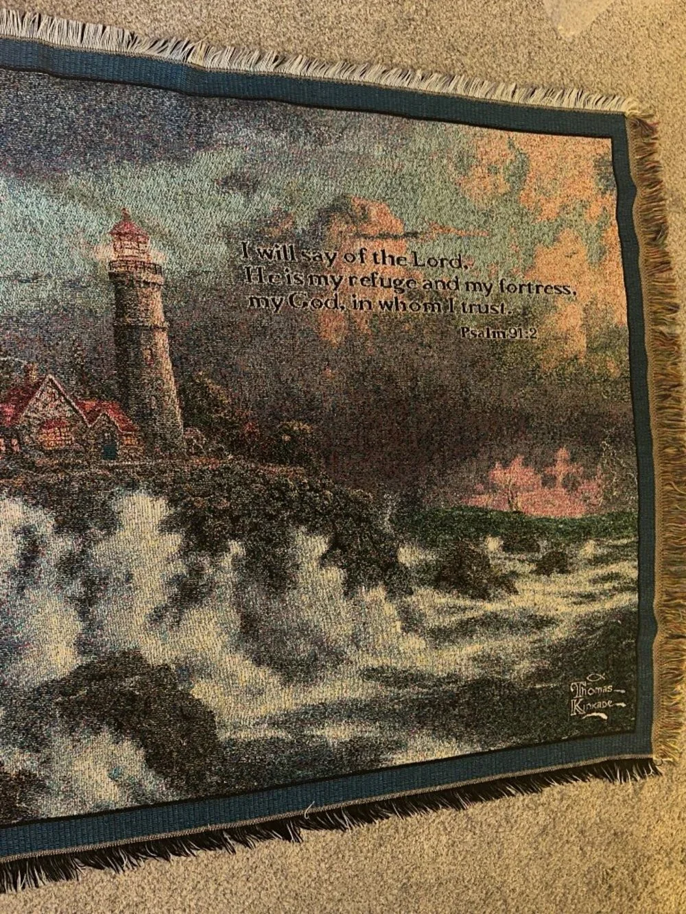 Thomas Kinkade Throw Blanket Conquering the Storms Lighthouse Psalm 91:2 VTG EUC